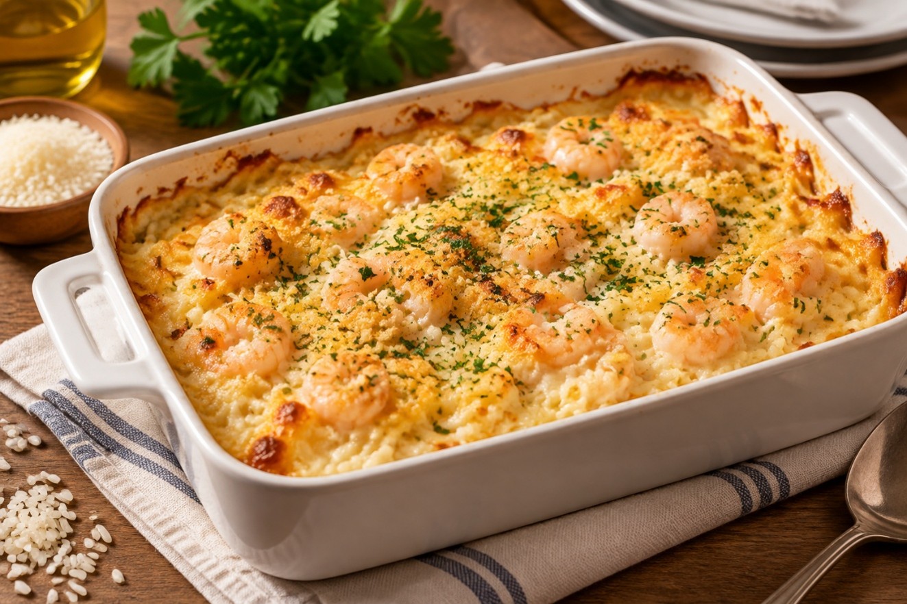 Gratin di riso, gamberetti e besciamella al forno