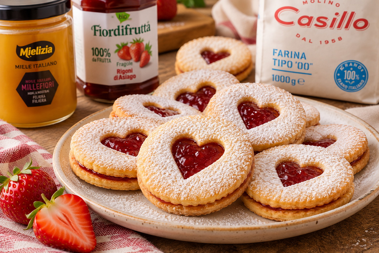 Biscotti Occhi di Bue al Miele con Cuore di Confettura di Fragole